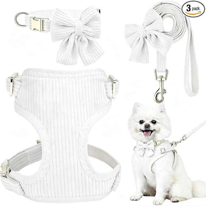 Small Dog Collar Harness and Leash Set with Bowtie, Adjustable Dog Harness Collar and Leash Set with Secure Metal Buckle, Breathable Cotton Adjustable Pet Puppy Harness, Easy Walk Harness, M(16-21")
