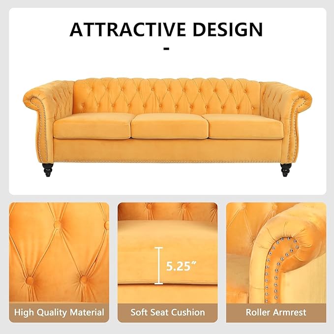 Mid-Century 3 Seater Sofa, Velvet Couch