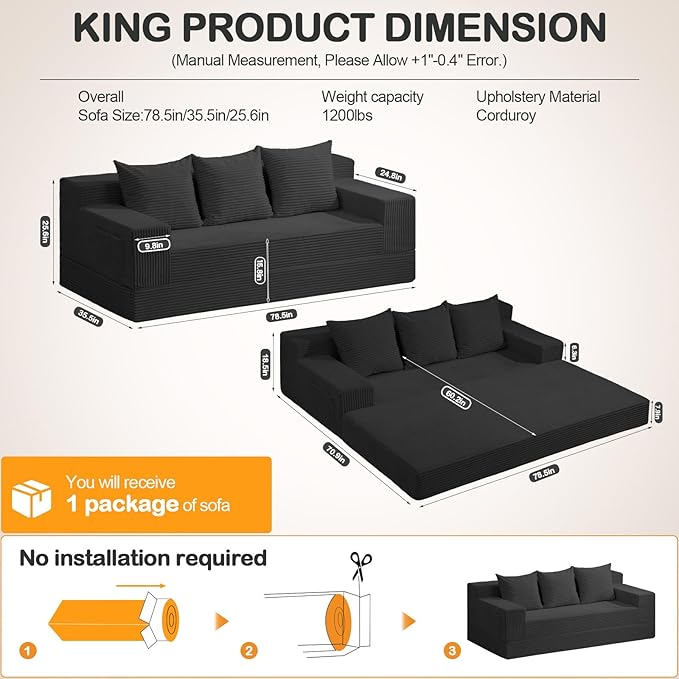 Erament 3 Seater Boneless Couch Sofa Bed, Compression Convertible Futon Floor