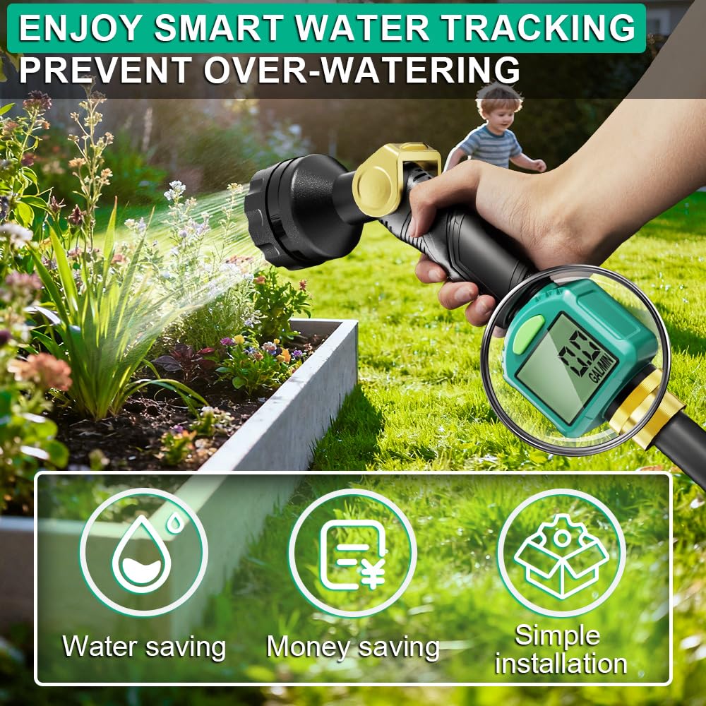 Water Flow Meter with 180° Flip Screen - ±5% Accuracy, Brass Inlet, Waterproof LCD Water Meter for Outdoor Garden Hose, RV & Irrigation, Lawn Sprinkler Watering, Measure Gallon/Liter