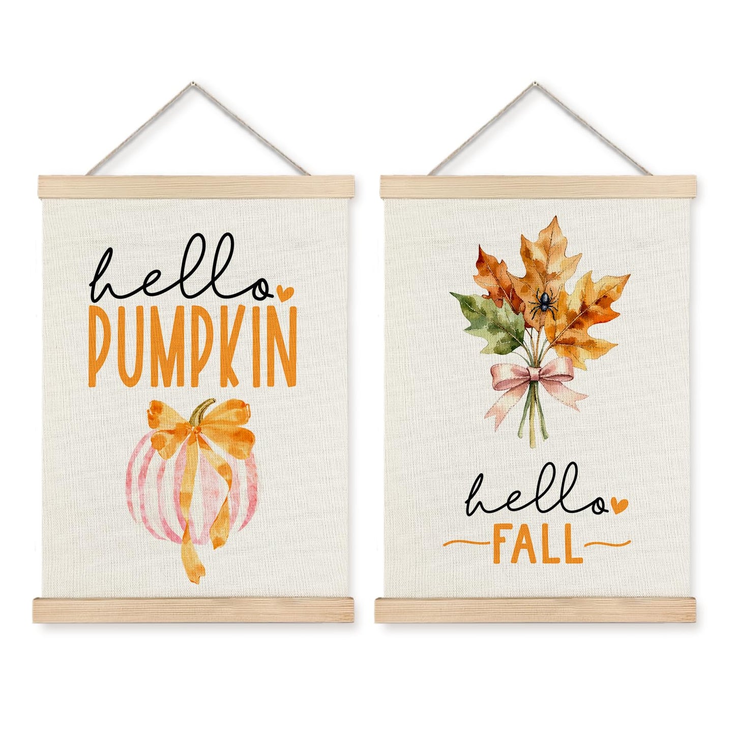 JINYO Hello Fall Pumpkin Maple Leaf Wall Art Poster, Preppy Fall Decor, Hello Pumpkin Autumn Canvas Prints Wall Decor for Home Living Room Kitchen Office, 12x16 Inches Set of 2