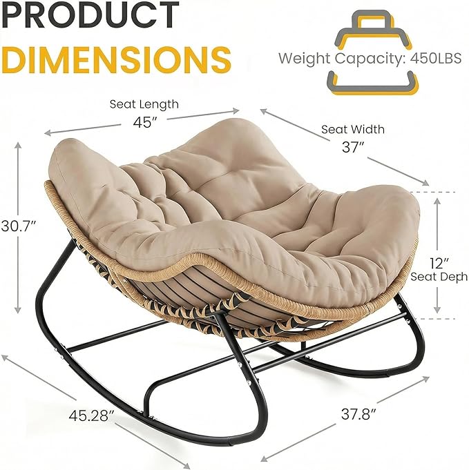 Oversized Papasan Rocking Chair Outdoor, Comfy Patio Papasan Egg Rocker