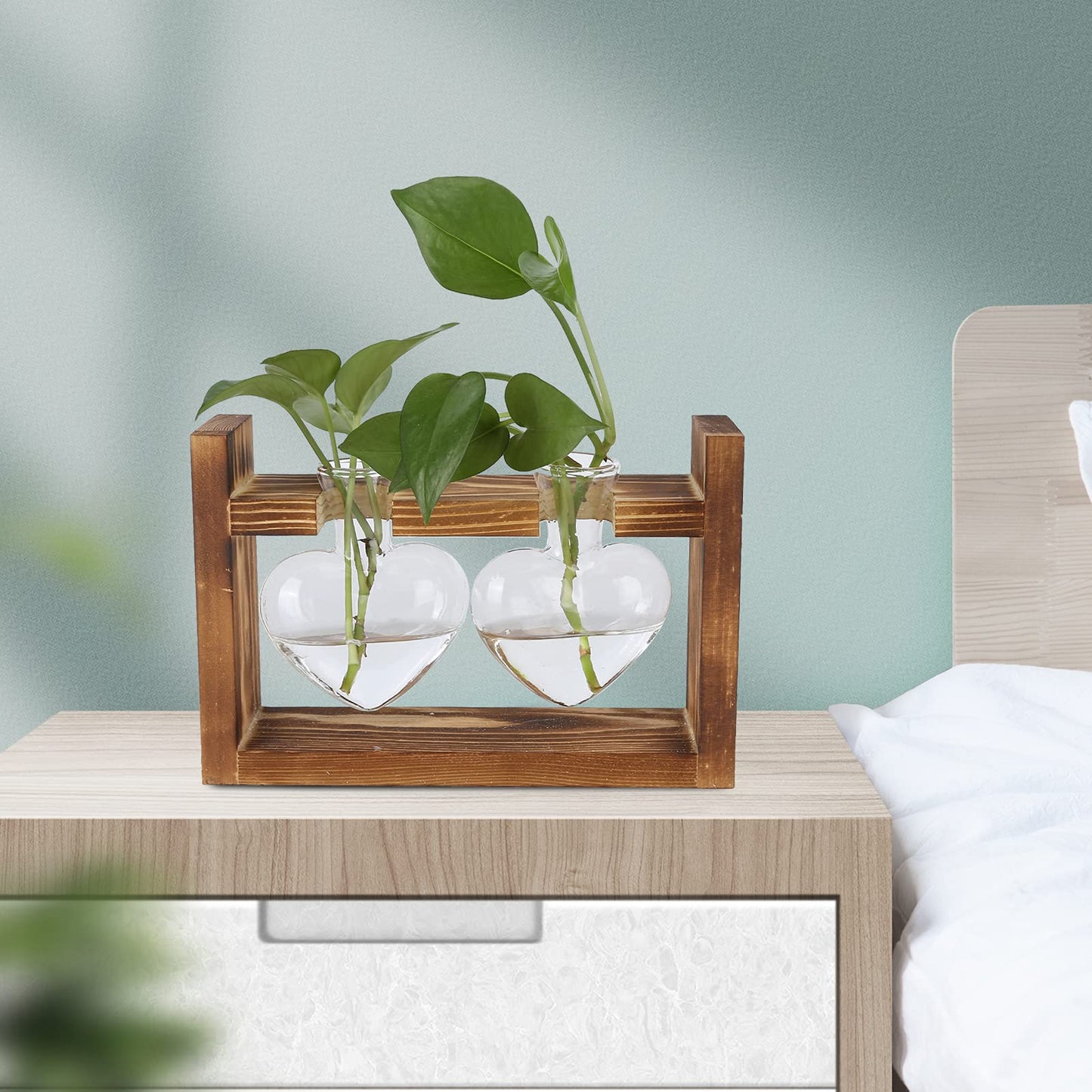 Flower Vase, Glass Desktop Planter Plant Terrarium Kit Desktop Propagation Station Glass Flower Vase with Wooden Holder for Wedding Decoration (Retro Frame + 3 Heart Bottle)