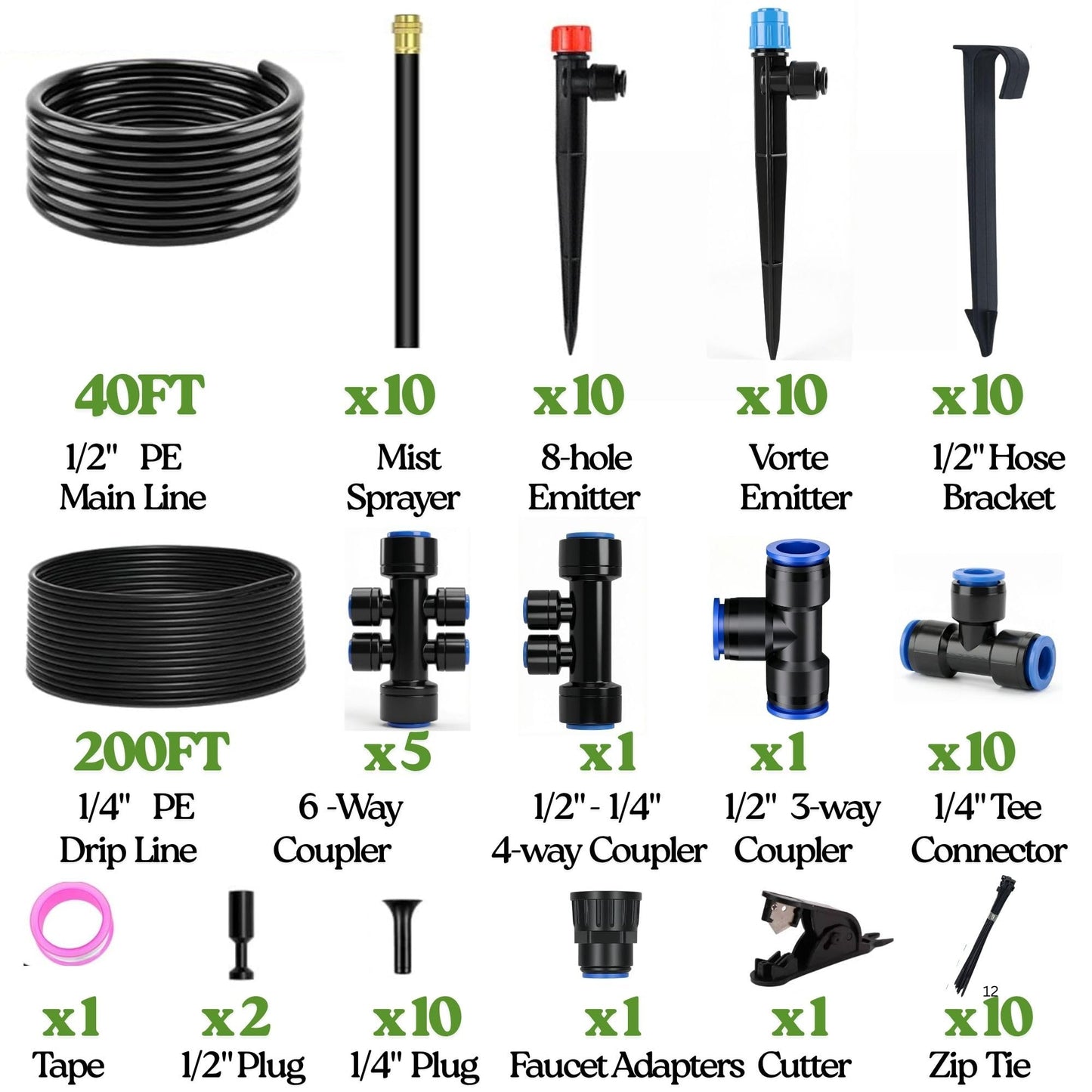 240FT Drip Irrigation System for Garden: 1/2" Quick Connect PE Tubing Automatic Water Sprinkler Kit Adjustable Misting Part 1/4" Watering Hose for Outdoor Raised Bed Plants Flower Yard Greenhouse
