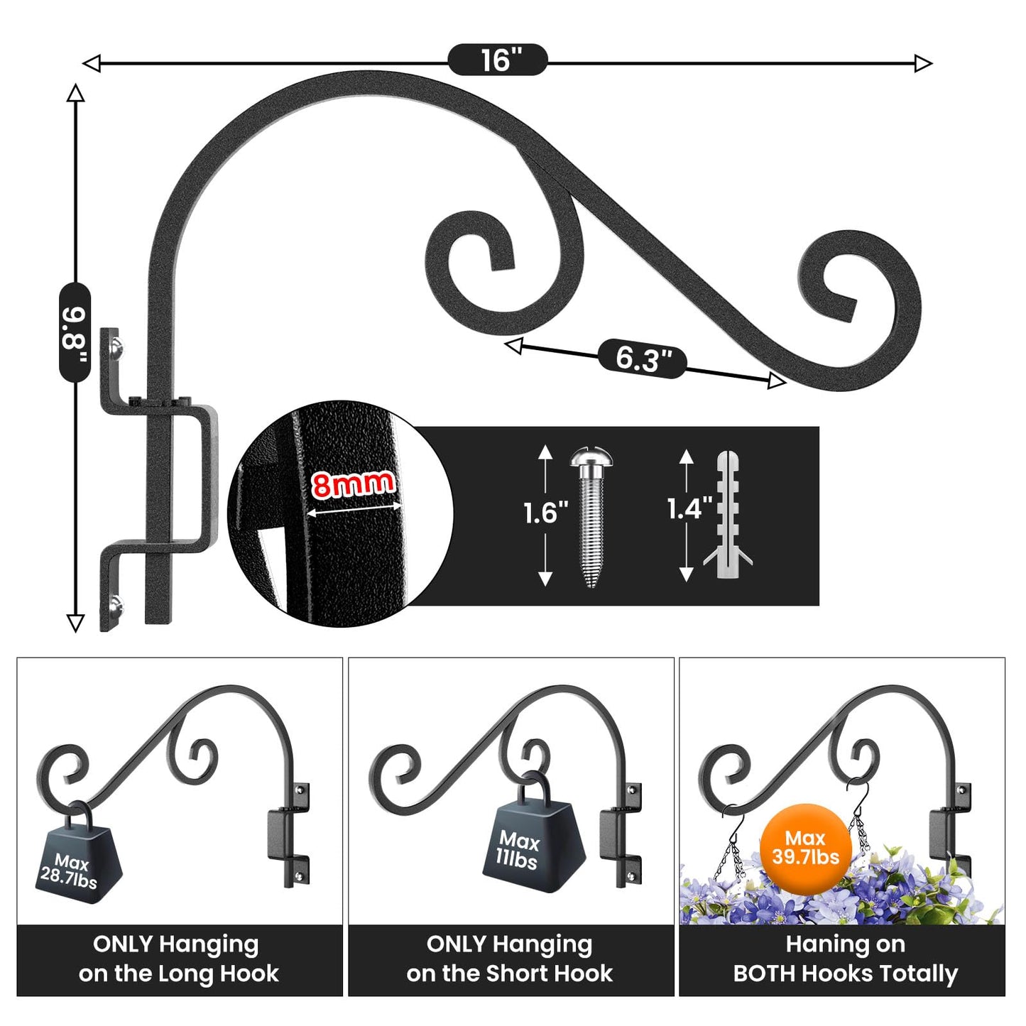 Swivel Plant Hangers Outdoor: 2 Pack 16 Inch Metal Hanging Plant Bracket Sturdy Wrought Iron Plant Hooks Indoor Wall Mount for Hanging Bird Feeders, Lanterns, Flower Baskets, Wind Chimes, Black
