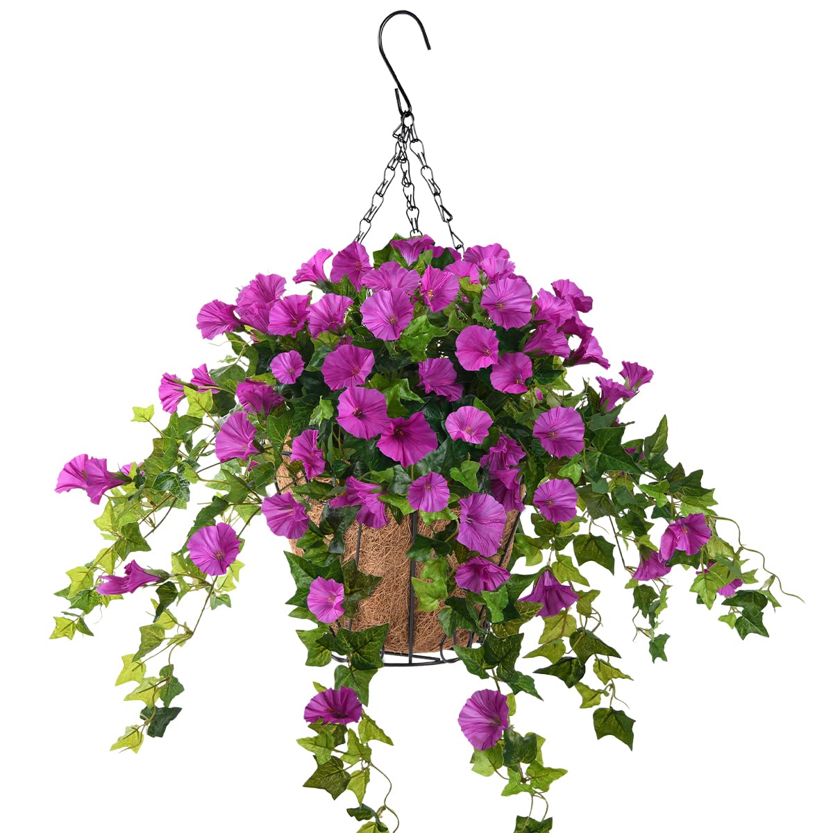 Homsunny Artificial Vine Silk Petunia Flowers Hanging Plant in Basket, Coconut Lining Basket Hanging Plant for Patio Lawn Garden Porch Spring Decor (Purple)