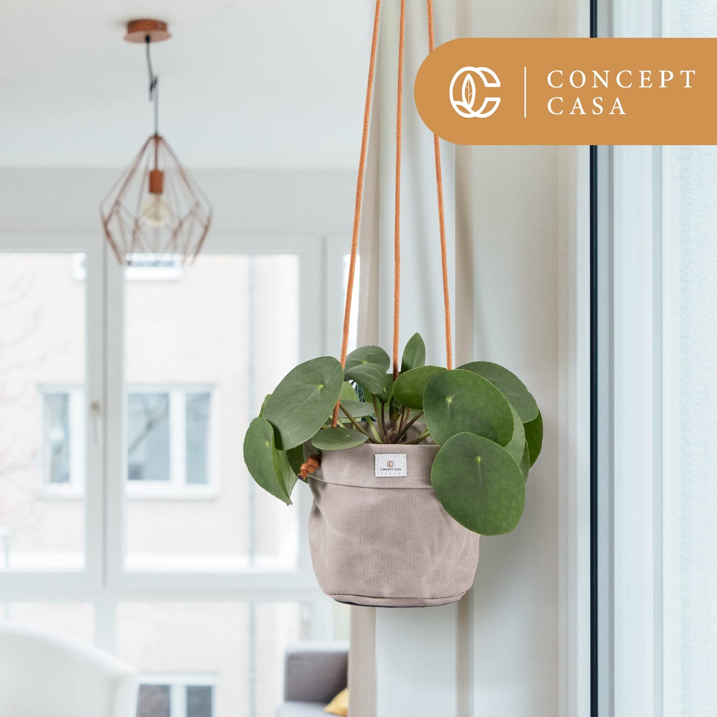 Concept Casa - Large Waxed Canvas Handmade Hanging Planter for Indoor/Outdoor Plants, Hanging Basket Plant Holder Stone Gray with Hook