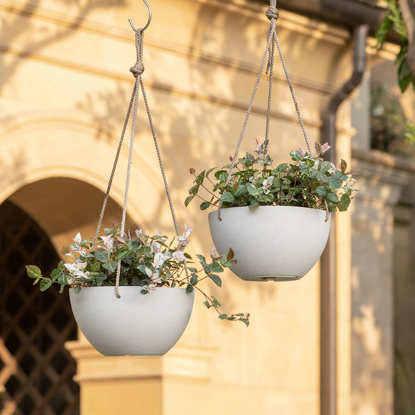 LA JOLIE MUSE White Hanging Planter Basket - 8 Inch Indoor Outdoor Flower Pots, Plant Containers W/Drainage Hole, Plant Pot for Hanging Plants, Pack 2