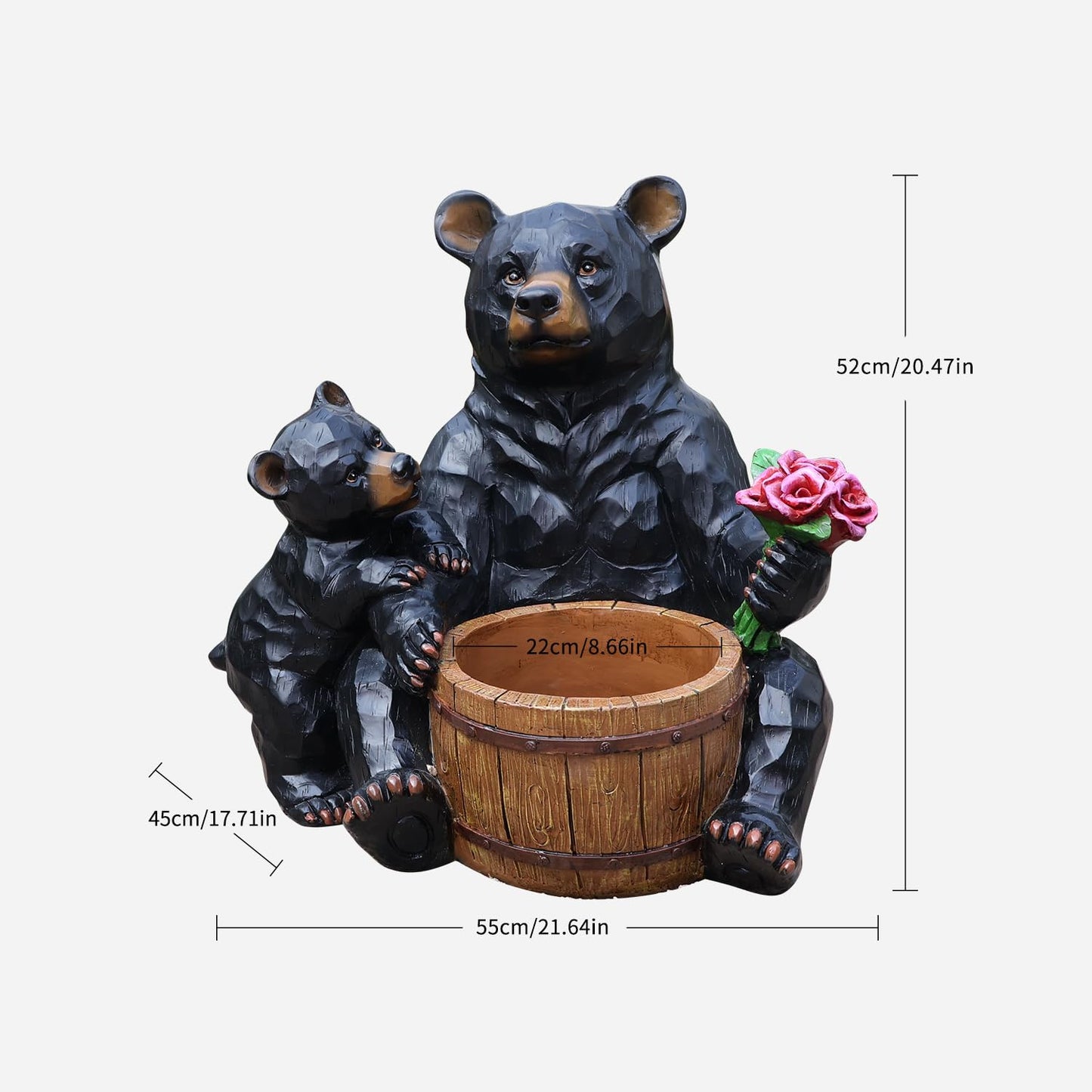 Bear and Cub Garden Planter - 21-Inch Large Resin Black Bear Statue with Flower Barrel, Rustic Wood Carved Look Flower Pot for Outdoor Porch Patio Yard Decor, Animal Sculpture Housewarming Gift
