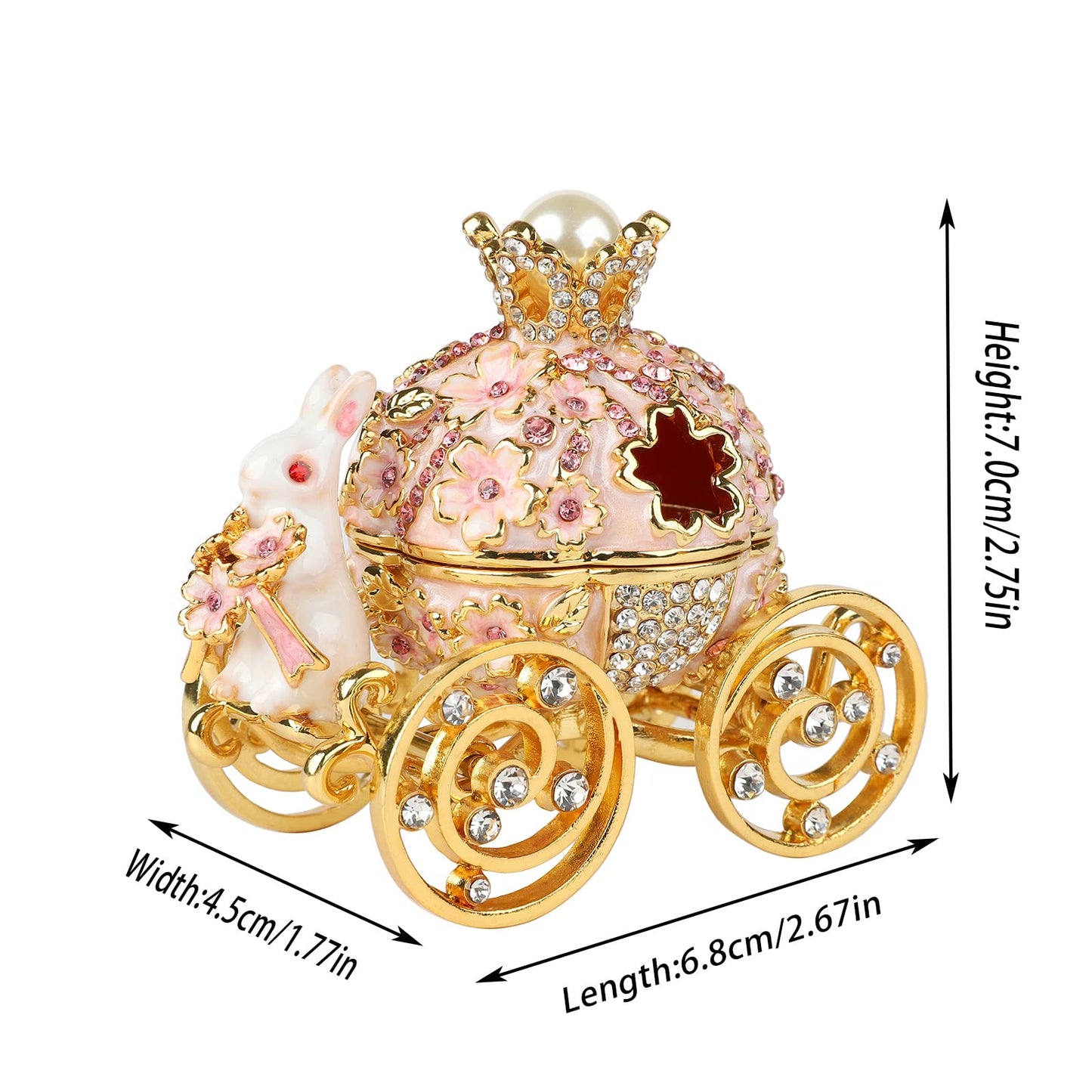 FASSLINO Bunny Pumpkin Carriage with Flowers Jewelry Trinket Box Hinged Hand-Painted Enamel Ornaments Gift for Home Decor (Pink)