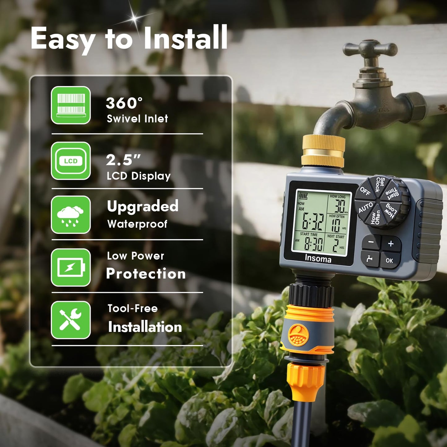 Sprinkler Timer with Brass Inlet & Outlet, Water Timer for Garden Hose with Auto/Manual/Rain Delay Mode, Easy Setup Hose Timers for Lawn, Garden, Vacation Watering,1 Outlet