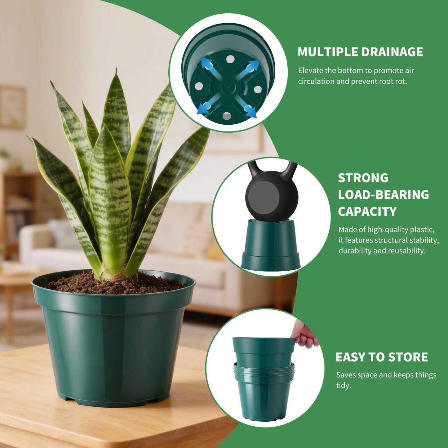 Garvee 16 Pack 4/6/8/10 Inch Plant Nursery Pots, Thickened Plastic Plant Pots with Drainage Holes, Indoor Outdoor Seeding Start Planters for Vegetable Herbs Flowers, Green
