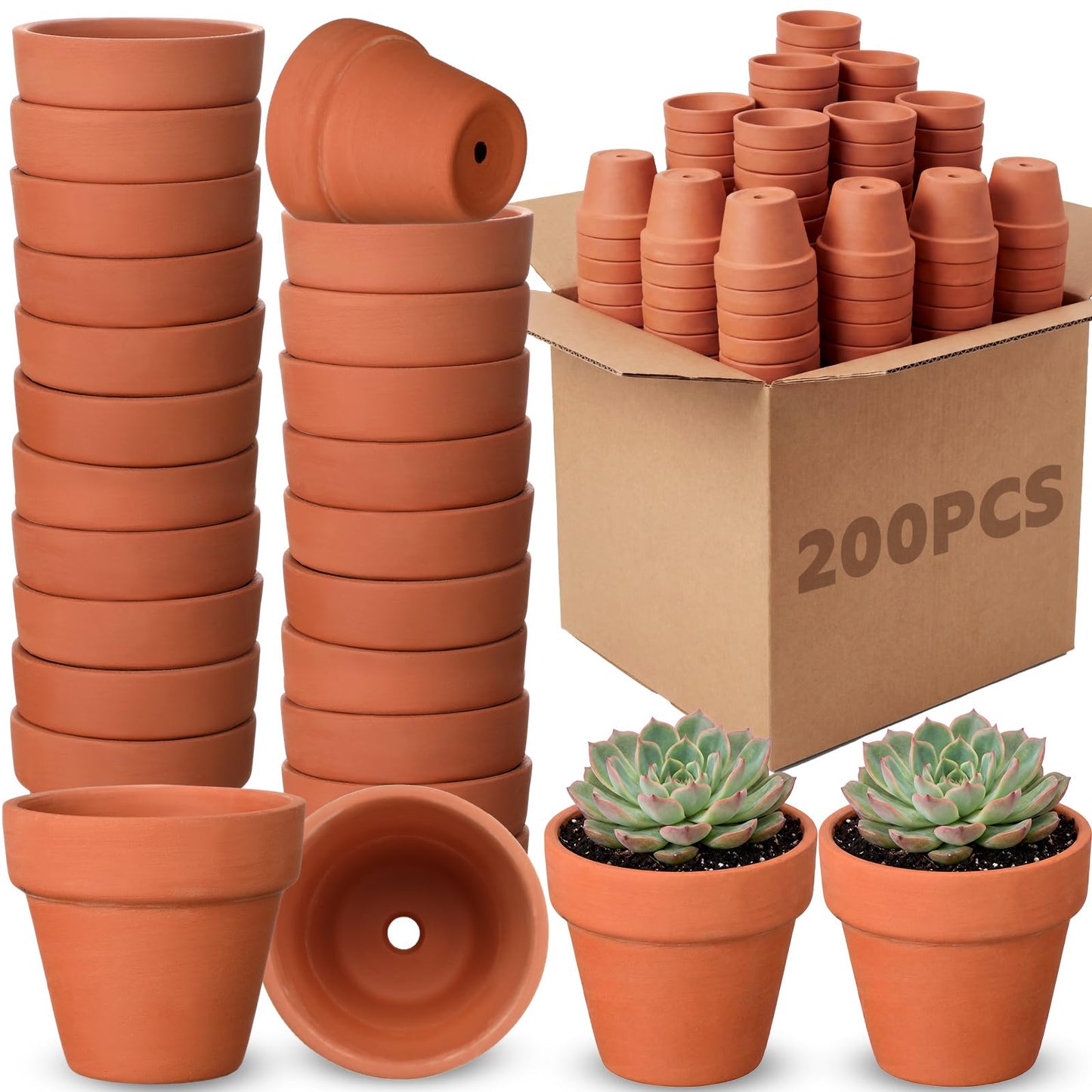 Nuogo 200 Pcs Mini 2" Terracotta Pot Bulk Small Plant Pots, Tiny Clay Pots Nursery Flower with Drainage Holes for Indoor Outdoor Succulent Cactus Plants Crafts Wedding Decorations