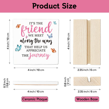 REWIDPARTY Friendship Gifts for Women Motivational Friendship Ceramic Sign Keepsake Christmas Birthday Gifts for Friend Colleague Ceramic Desk Sign Plaque with Wooden Stand for Home Office Decor