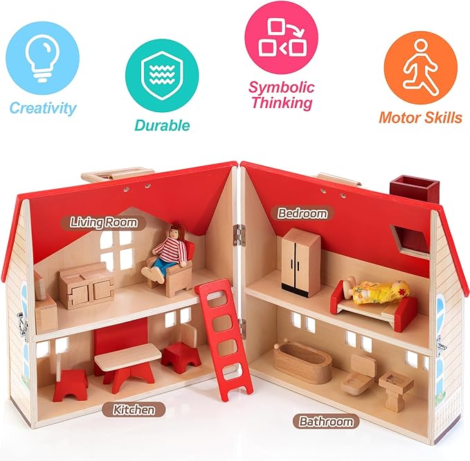 Foldable Wooden Dollhouse with 13PCS Furniture, 4 Rooms and 2 Flexible Dolls