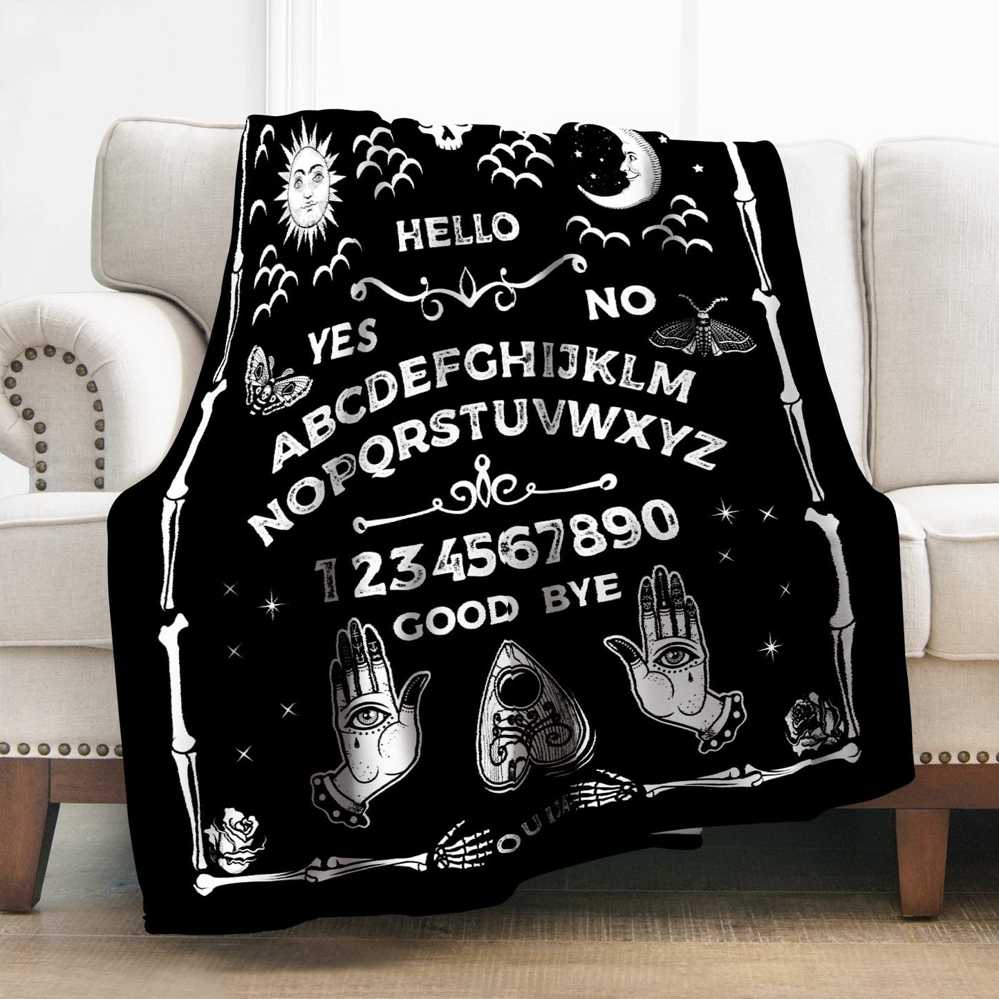 Levens Ouija Board Blanket Gothic Witch Gifts for Halloween Christmas, 50"x60" Horror Spooky Sun Moon Skeleton Skull Witch Tarot Throw Blanket for Women Kids Goth Birthday Gifts for Fortune Tellers