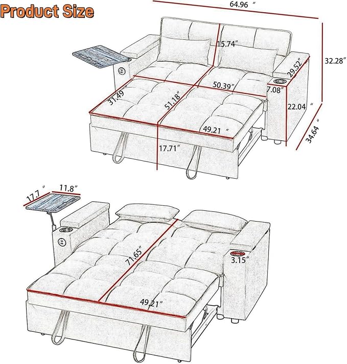 oaaktu Large Size Convertible Sleeper Sofa Bed, Polka dot Velvet Pull Out Futon