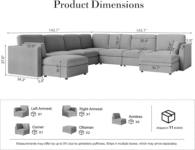 Oversized Modular Sectional Sofa, Solid Wood Frame Sofa, Removable Washable