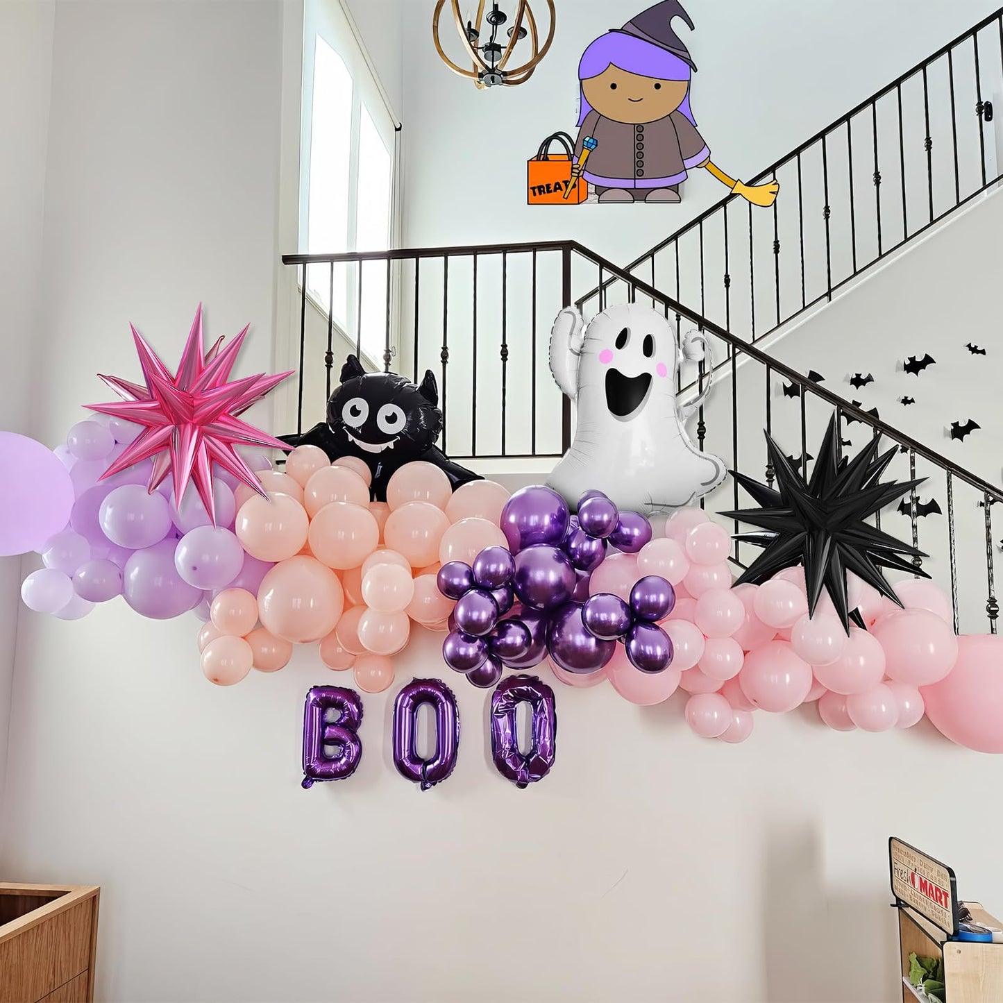 Pastel Halloween Balloon Arch Kit, Purple Pink Orange Black Balloons Garland with Cute Ghost Balloons Pink Explosion Star Foil Balloons for Girls Spooky Birthday Party BOO Halloween Party Decoration
