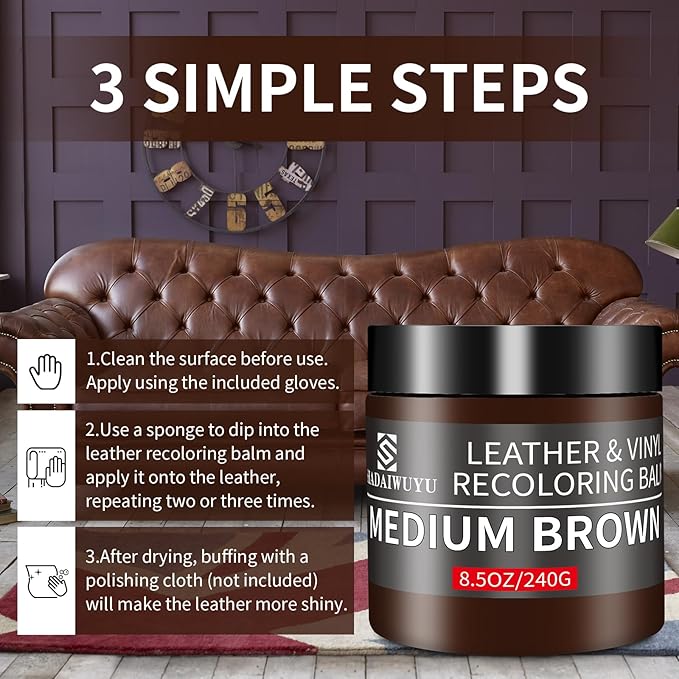 Leather Recoloring Balm, 8.5oz Leather Color Restorer, Medium Brown Leather