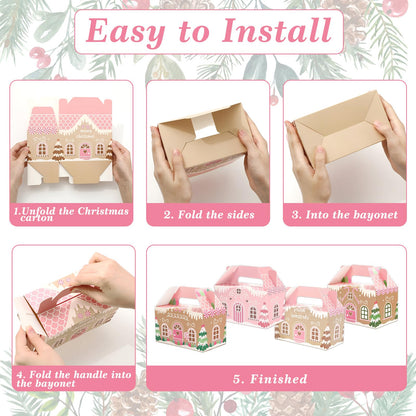 Whaline 24Pcs Christmas Treat Boxes with Handles Pink Gingerbread House Goodie Candy Bags Xmas Gable Paper Gift Containers for Cookie Snack Present Party Favor Supplies, 4 Designs