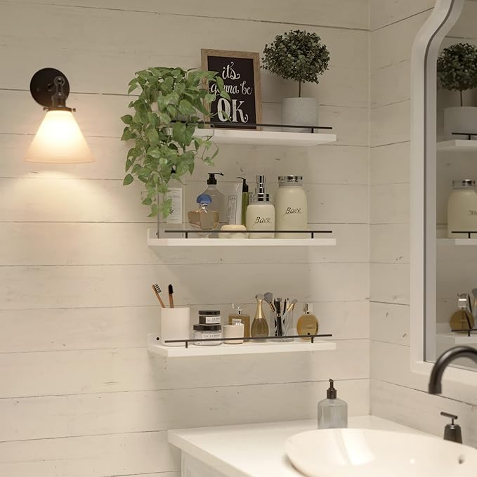 WOPITUES Floating Shelves with Black Metal Guardrail, Shelves