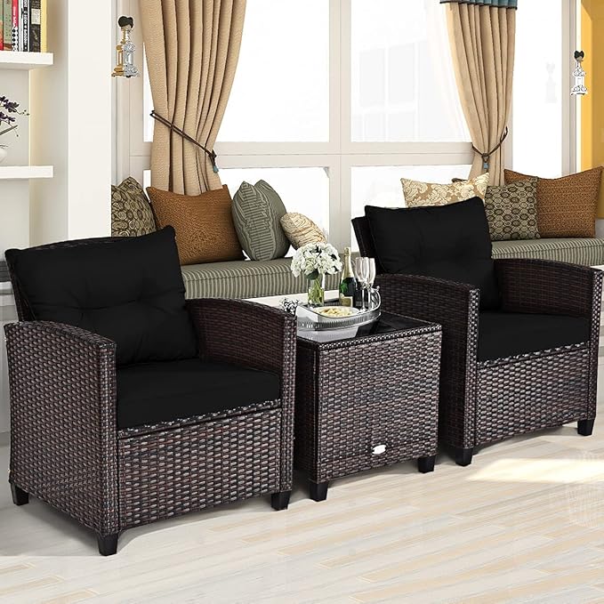COSTWAY 3PCS Patio Furniture Set, PE Rattan Wicker Sofa w/Washable Cushion and