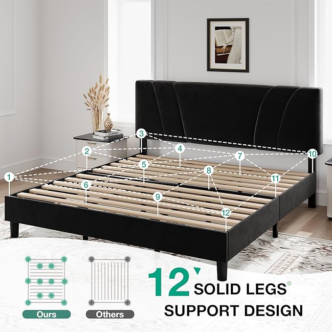 Novilla King Bed Frame and Headboard, King Bed Frame, Velvet Upholstered Bed