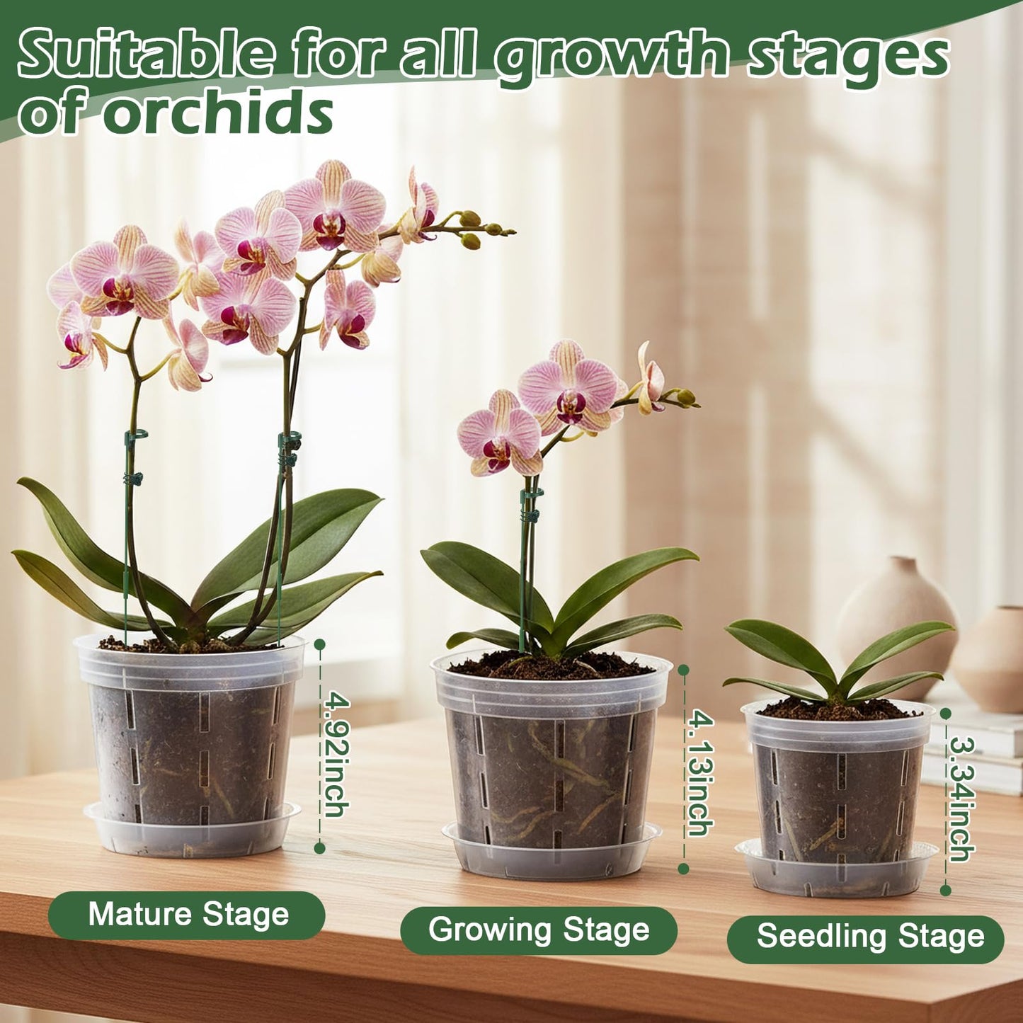 LUCKJUJU 12 Sets Orchid Pot with Holes, 4, 5, 6 Inch Clear Plastic Plant Pot with Saucers, Plant Stakes, Clips, Orchid Pots with Drainage for Repotting for Indoor Outdoor Plants
