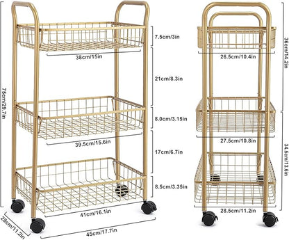 3 Tier Mesh Rolling Utility Cart, Gold Metal Organization Cart with Lockable Wheels, Multifunctional Storage Trolley Service Cart for Kitchen Living Room Office Salon