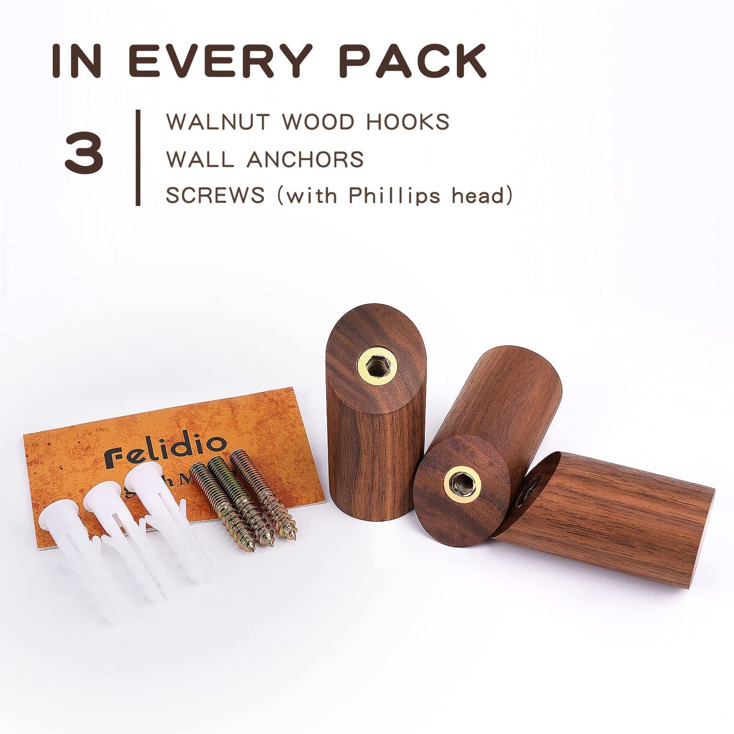 Felidio Wood Wall Hooks, 3 Pack Rustic Coat Hook Wall-Mounted, Decorative Hooks for Hanging Coats Hats Towels Robes Hat Rack for Wall (Walnut Wood)