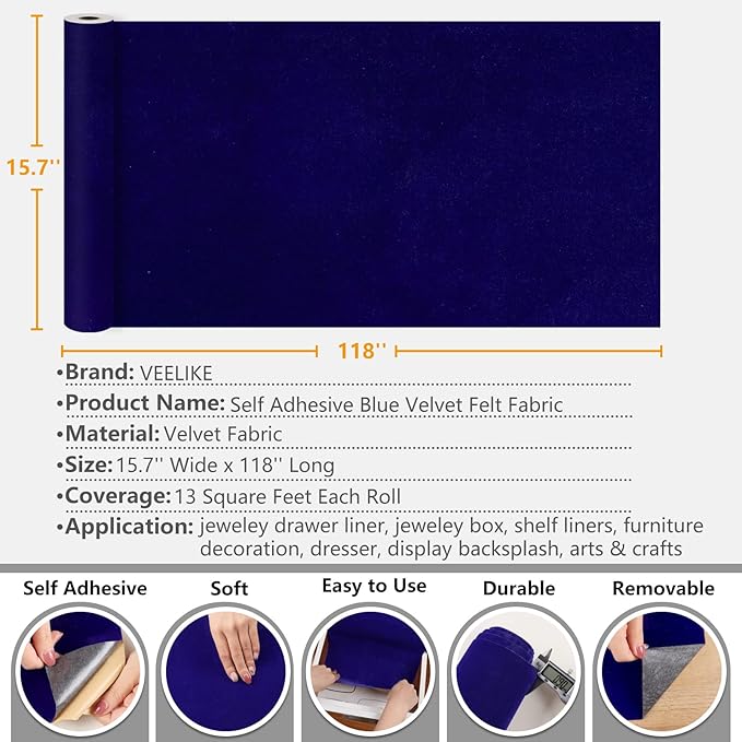 VEELIKE Royal Blue Velvet Fabric Wallpaper Peel and Stick Blue Felt Liner