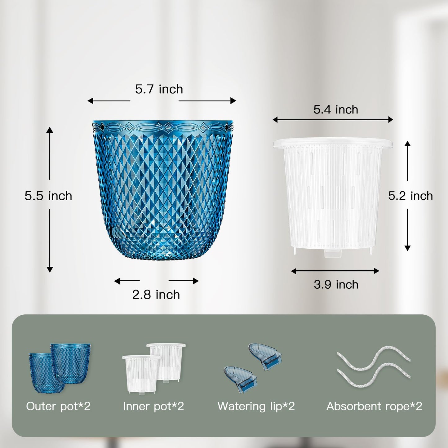 QCQHDU 2 Pack Self Watering Pots, 5.7 Inch Flower Pots with Drainage Holes and Water Filling Port, Plastic Garden Planter for Indoor Outdoor Plants (Klein Blue)