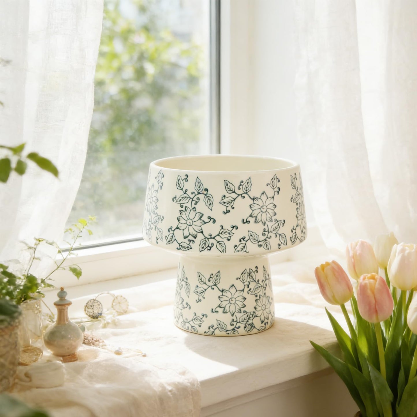 Blue and White Ceramic Flower Pot with Drainage Hole ，Elegant Succulent Plants and Orchid Planters , Home Decor Flowerpots with Tall Cup Shape Suitable for Tiger Tail Orchid and Floral Plants (BIG)