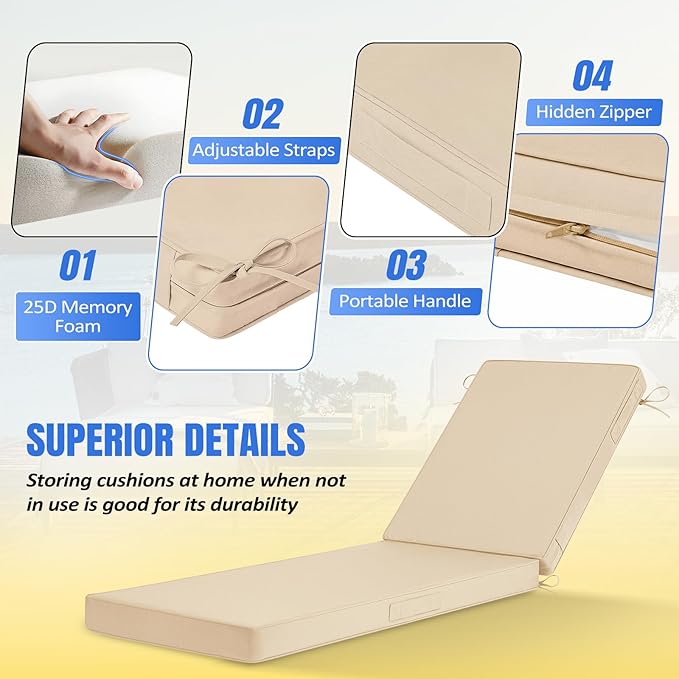 Basic Beyond Chaise Lounge Cushions Outdoor, 3-Layer Waterproof Outdoor