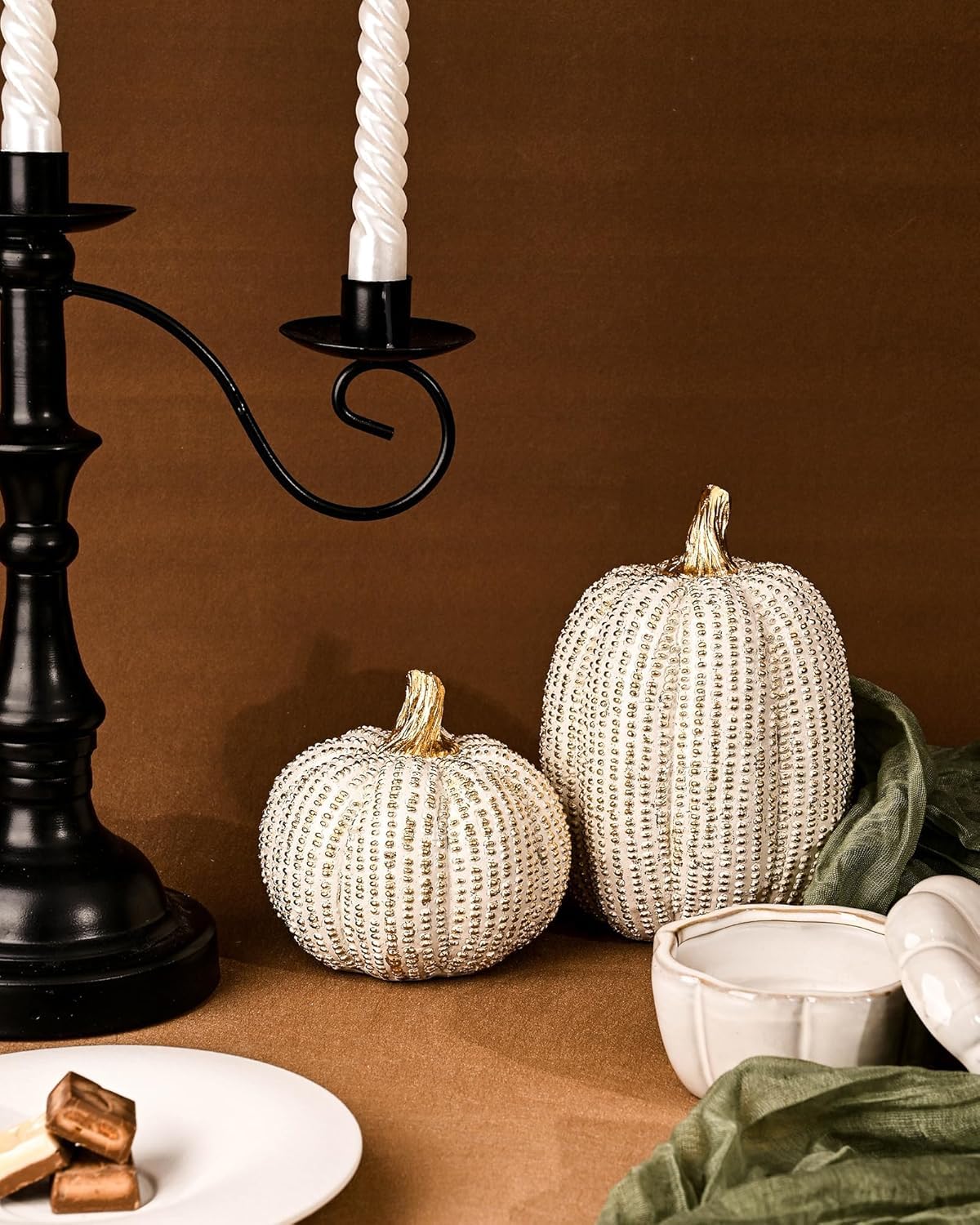 Fall Thanksgiving Pumpkin Decor Figurines, 2 PCS Fake Pumpkin Statues for Tabletop Decorating, White and Gold Resin Pumpkins for Autumn Harvest Luxury Fall Home Decor, Farmhouse, Gift Package