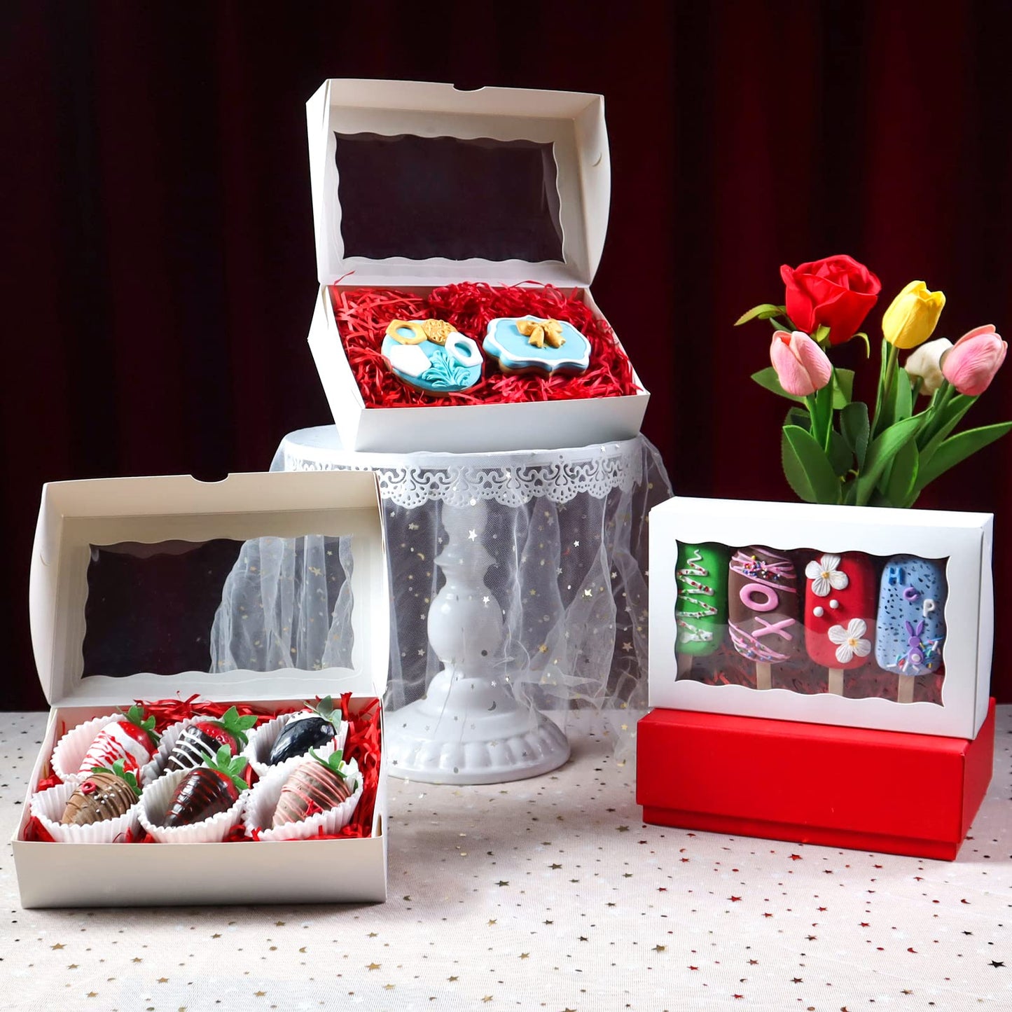 RomanticBaking 8x5x2 Inch 51PCS Bakery Boxes with Window for Cookies, Chocolate Covered Strawberries,Cakesickle, Chocolate Truffle Boxes Pretzel Box & Party Favors Packing