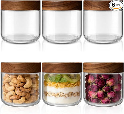 Bumobum 10 oz Glass Mason Jars with Lids, Glass Container with Acacia Wood Airtight Lid, Wide Mouth Canisters for Chia Pudding Loose Tea Coffee Meal Prep Parfait Salad Snacks Yogurt Spice, 6-Pack