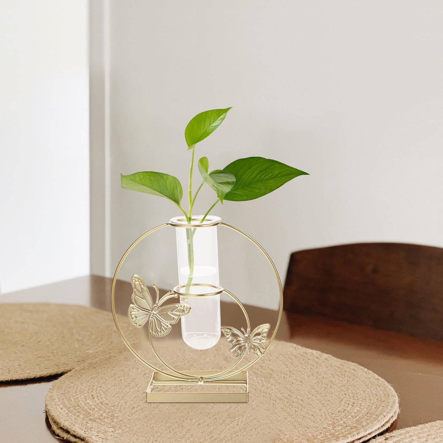 BESPORTBLE Hydroponic Desktop Vase Ornament with Butterfly Pattern, Round Glass Plant Terrarium, Metal Framed Flower Vase for Home Décor and Living Room Table Display