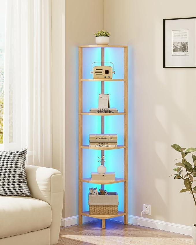 TUTOTAK Corner Shelf with LED Light, 6-Tier Corner Bookshelf