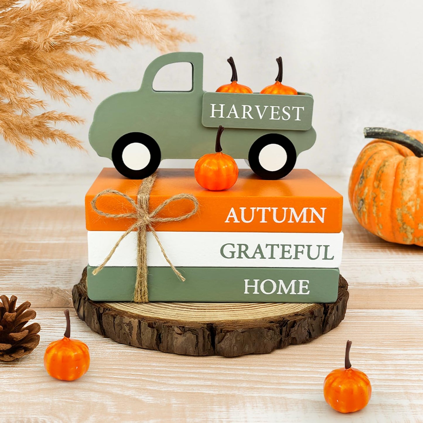 Thanksgiving Decorations for Home Indoor, Wooden Farmhouse Harvest Decor Signs with Book Stack, 3D Truck, 5 Pumpkins for Office Table Tiered Tray, Thanksgiving Centerpiece Gifts for Bedroom Desk