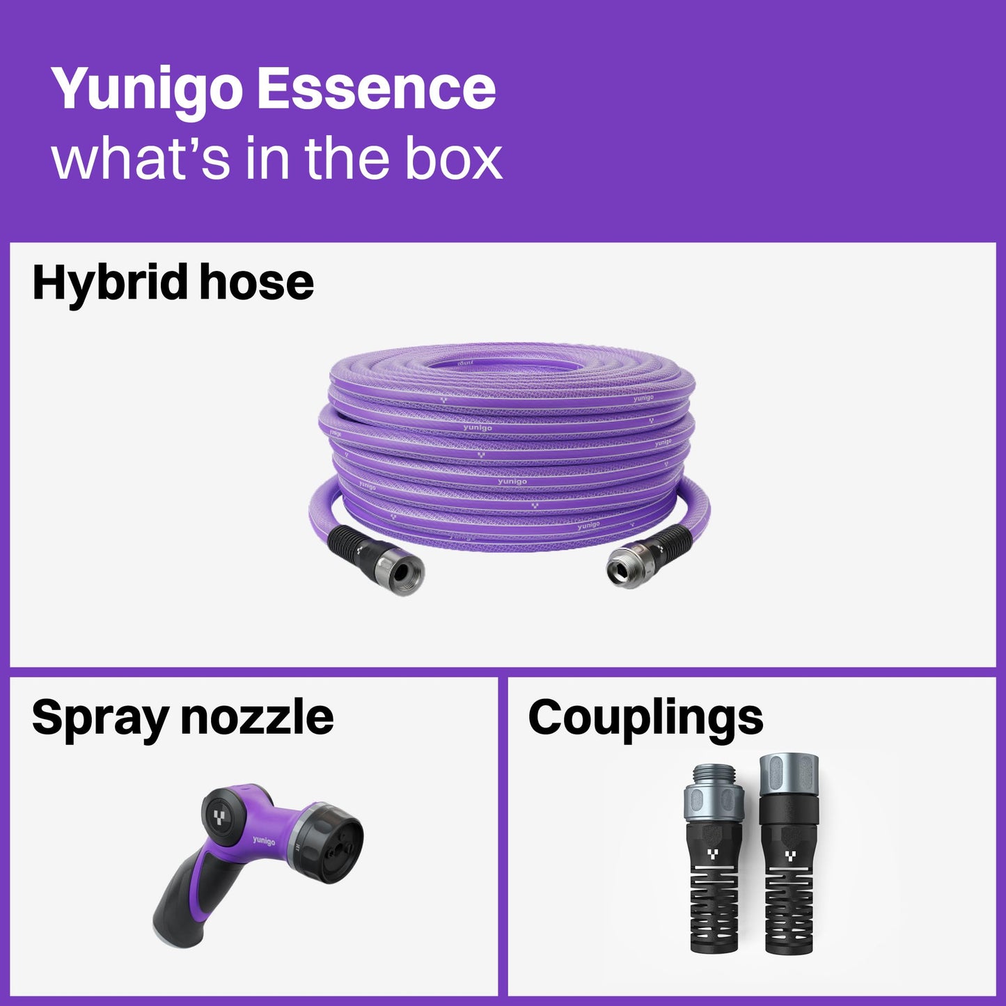 YUNIGO ESSENCE 5/8" 50ft Hybrid Purple Garden Hose – No-Kink Abrasion-Resistant with Durable Aluminum Fittings & Spray Nozzle, Ideal for Intensive Home & Garden Watering