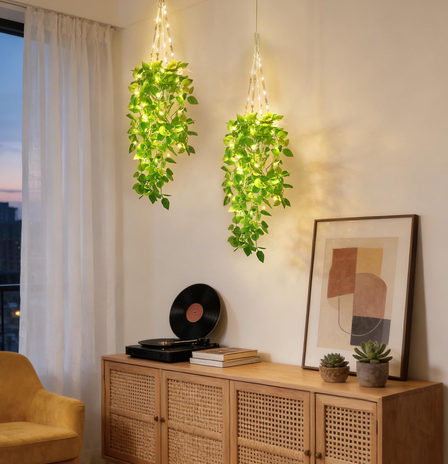 Mkono 2 Packs Fake Hanging Plant with Lights, Artificial Plants for Home Decor Indoor Macrame Plant Hanger with Fake Vines Greenery for Bedroom Bathroom Kitchen Office Decor