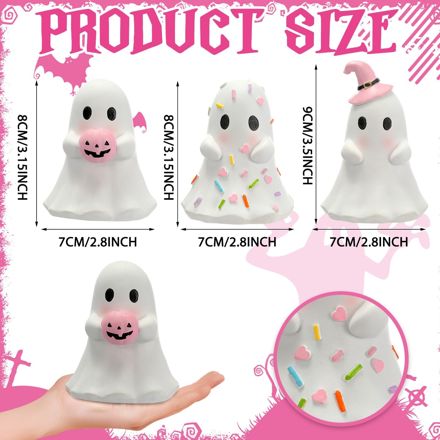 Yousoontic 3 Pcs Pastel Halloween Ghost Figurines Pink White Cute Ghost Summer Halloween Table Decor Tiered Tray Decorations Pastel Resin Statue Centerpieces for Home Mantel Tabletop Desk Party Office