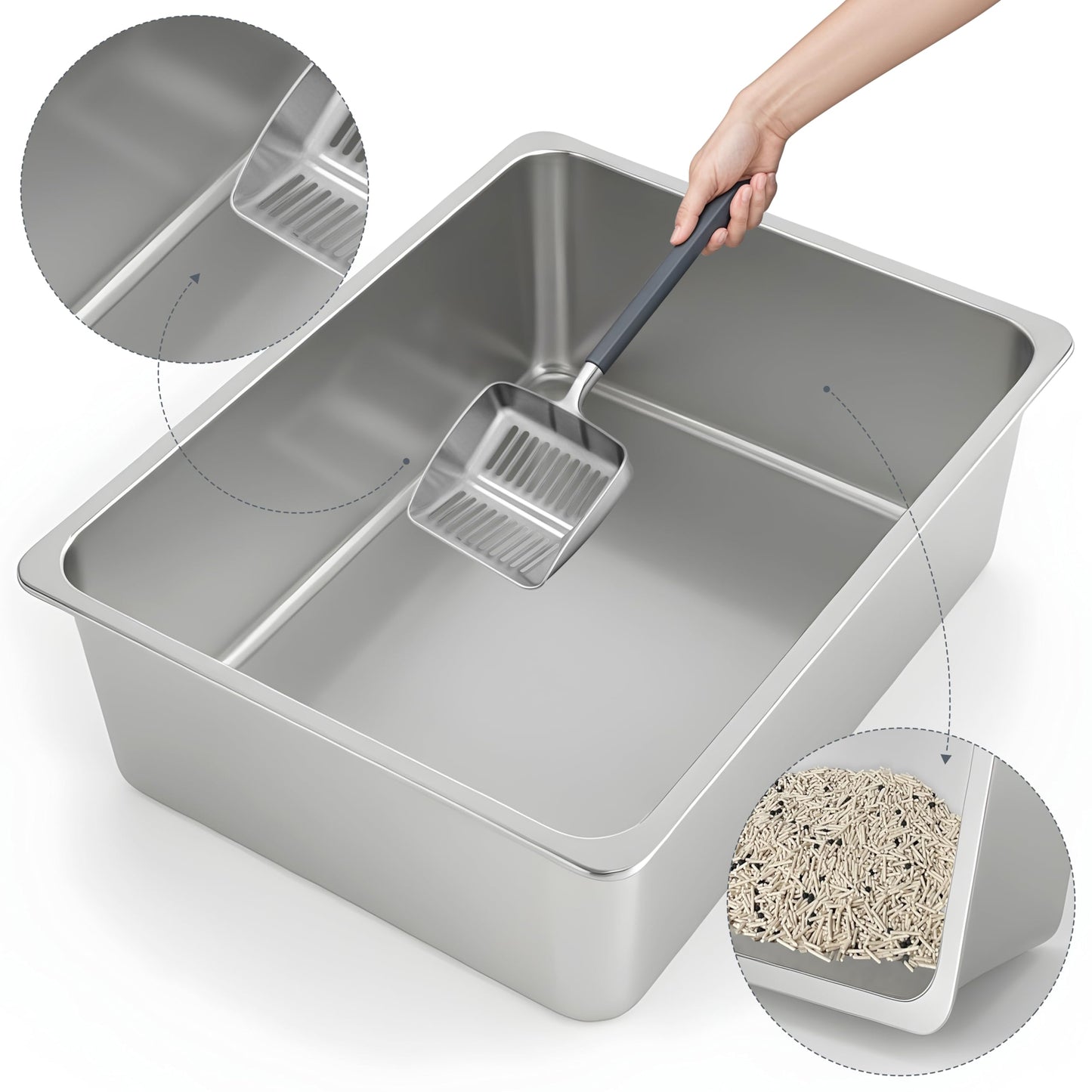 Kirecoo Stainless Steel Cat Litter Box - Metal High Sided Cat Pan, Large Stainless Steel Box, Indoor Litter Tray, Non Stick, No Smell, Easy to Clean, Pet Toilet Supplies for Kitten, Kitty, Rabbit