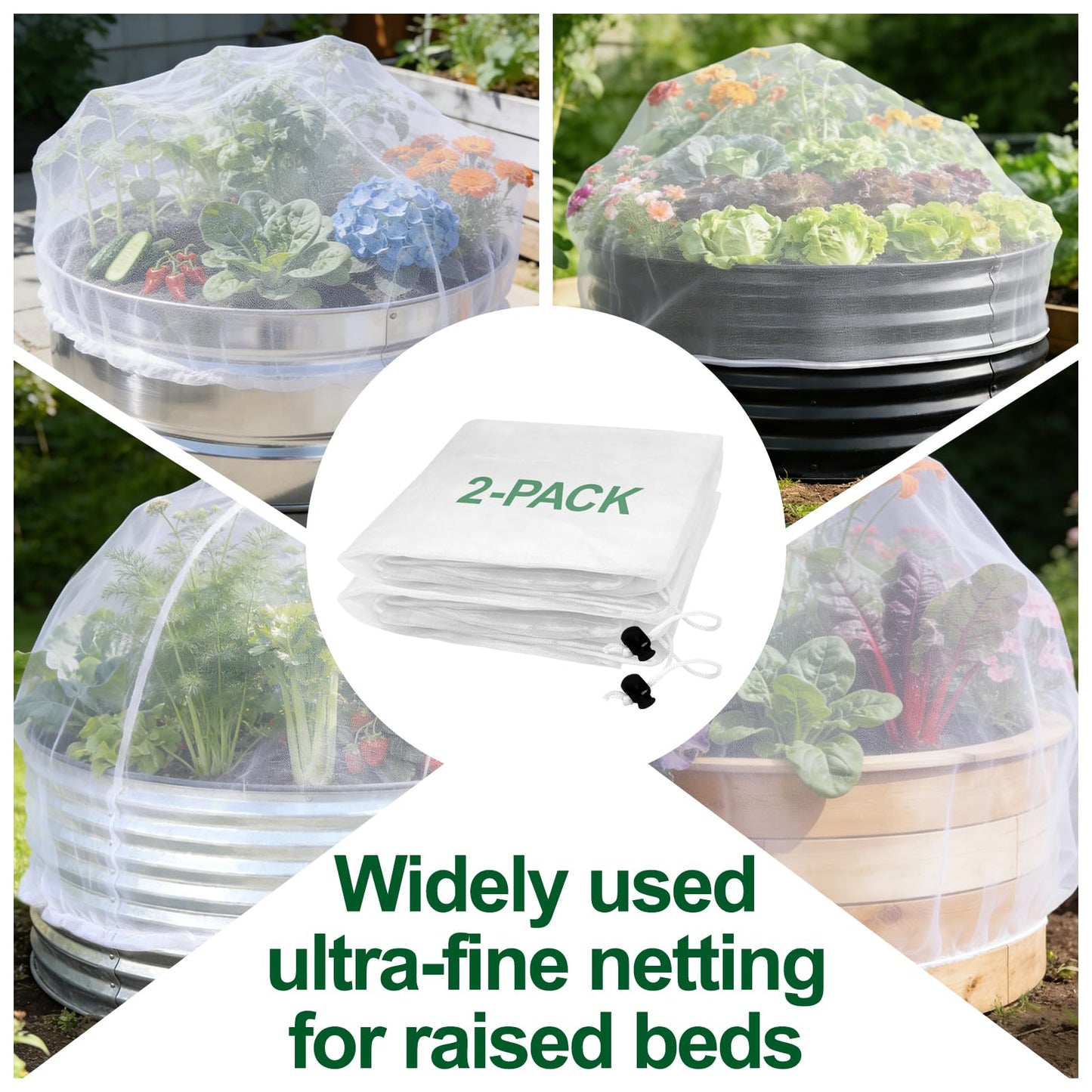 2 Pack Garden Netting for Raised Beds, Ultra-Fine Mesh Plant Covers with Drawstring, Bird, Pest & Small Animal Barrier for Vegetables, Fruits & Flowers, Fits 2 ft Dia x 1 ft H Round Raised Beds