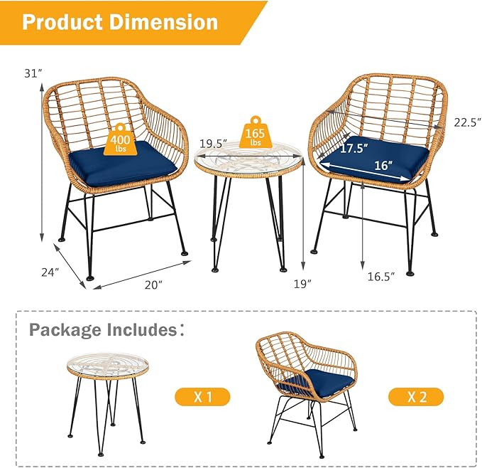 Tangkula 3 Pieces Patio Bistro Set, Rattan Conversation Set