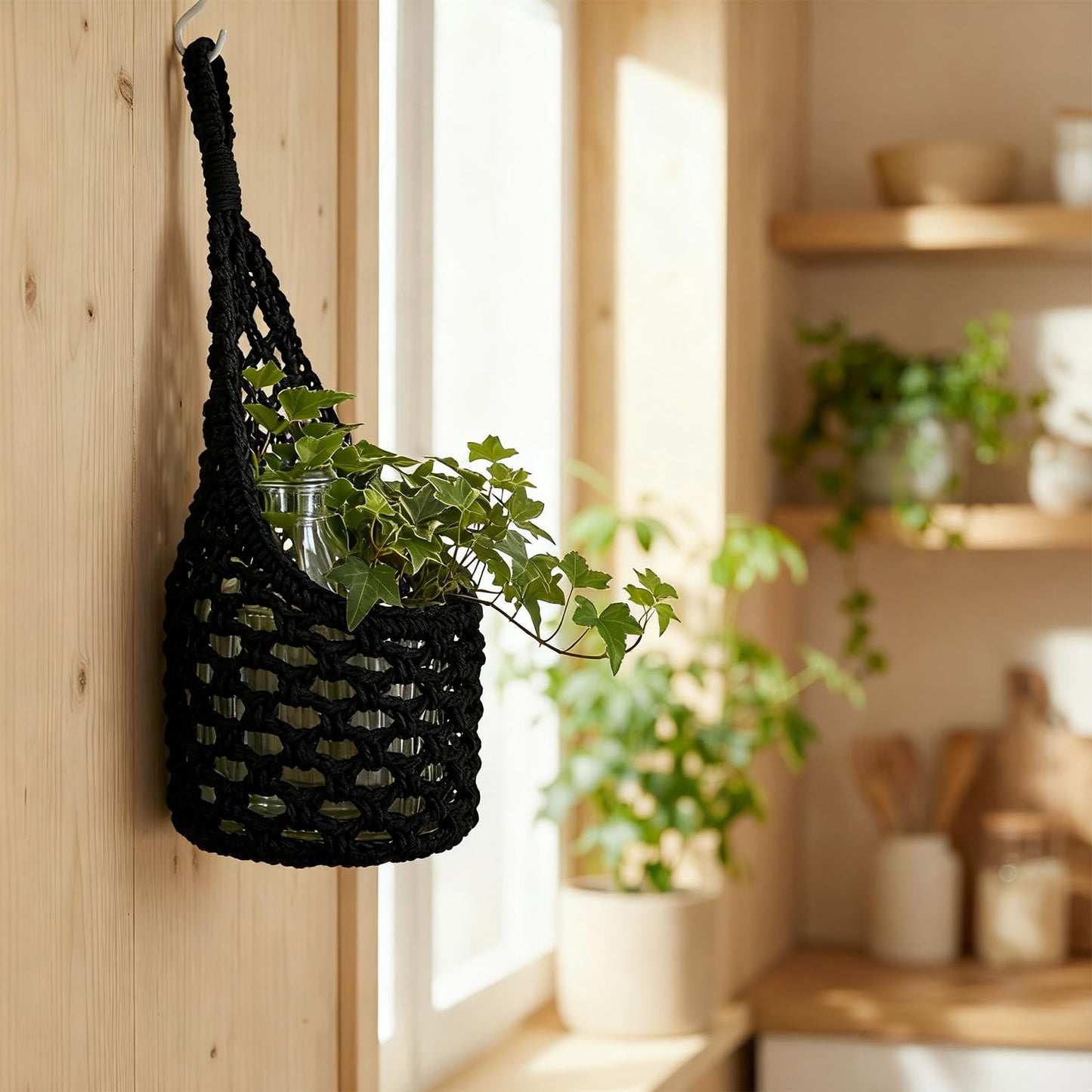 HOREAKHJ Macrame Wall Plant Hanger, Hanging Planter Basket Holder, Wall Planters for Indoor Plants, for Up to 6 Inch Pot (Black, 6-Inch)
