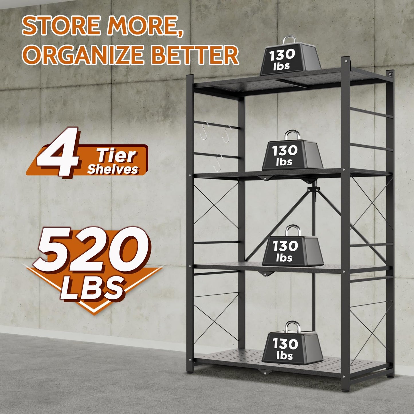 INTER HUT 4 Tier Foldable Greenhouse Shelving Unit, Heavy Duty Steel Plant Stand Storage Rack, No Assembly Required, 130lbs Per Shelf Capacity, 28"x14.6"x44.7”, 1 Pack, Black