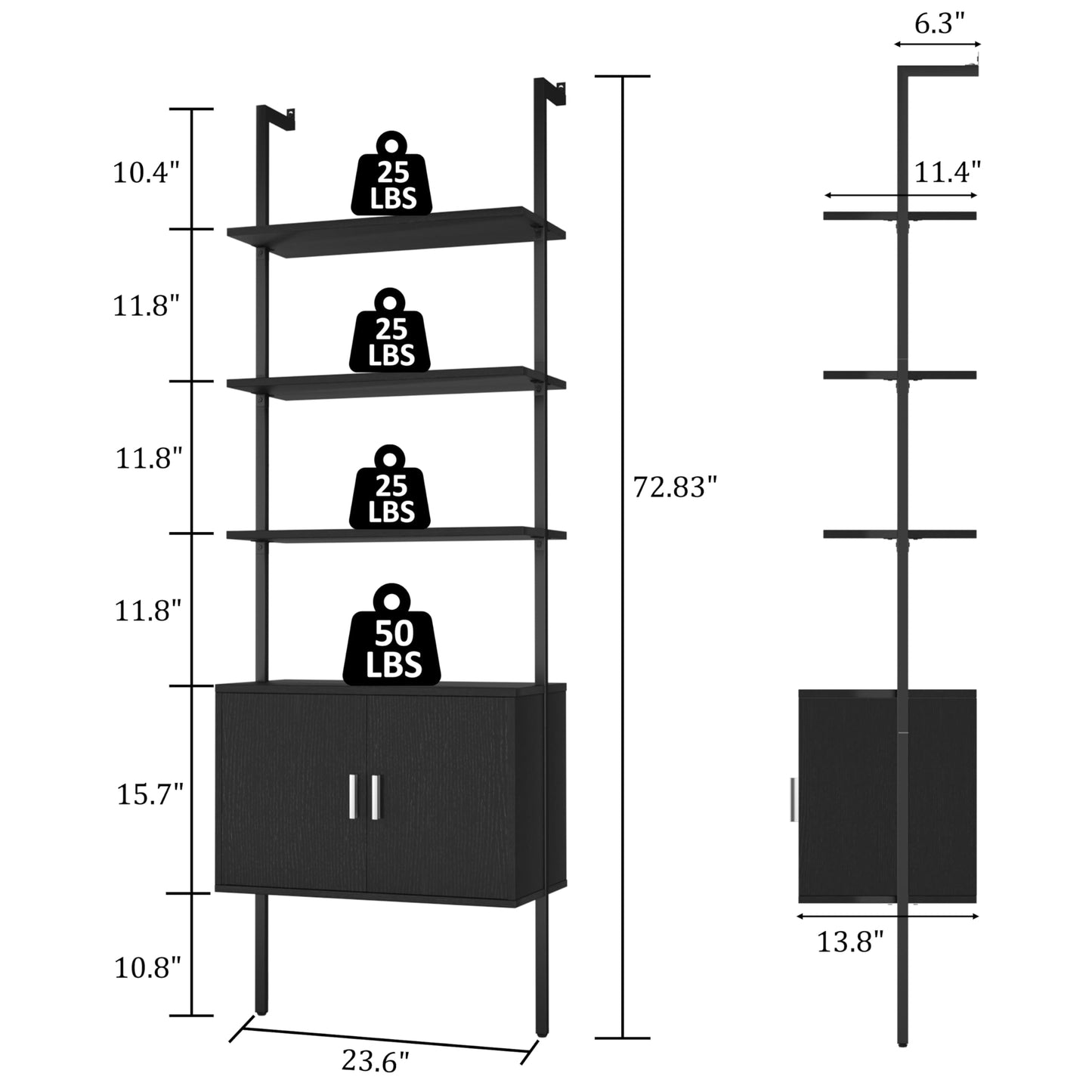 Yusong 73" Tall Bookshelf with Cabinet, Industrial Ladder Wall Mount Shelf Bookcase with Wood and Metal Frame, Plant Shelf Wall Storage Display for Living Room Bedroom, Black Wood Grain